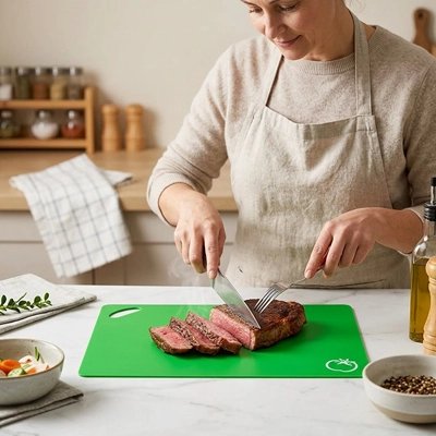 Planche a decouper design colore avec icones alimentaires